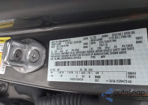 2022 Lincoln Corsair Reserve z USA, uszkodzony, nr VIN 5LMCJ2D93NUL33123